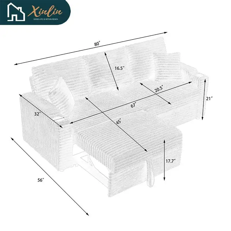 80-Inch two-in-one corduroy sofa, pull-out foldable hidden recliner