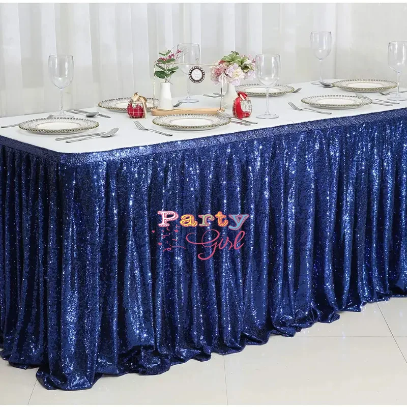 10ft 17ft Long Sequin Table Skirt 100%Poly Tablecloth Skirting For Wedding Event Party Decoration