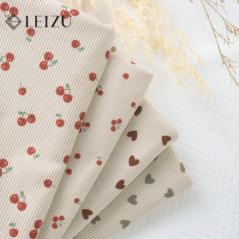 0.5/1/2Yard Ribbed Corduroy Fabric Cute Cherry Heart Print Spring Autumn DIY Sewing Fabric Making Pants Jacket Clothing Cloth