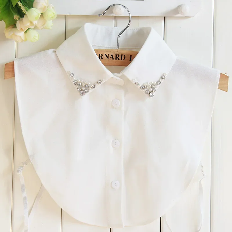 Fashion Women Shirt False Collar Bead Decoration Detachable Fake Collar V-neck Lapel Blouse Top Tie  Clothes Accessories