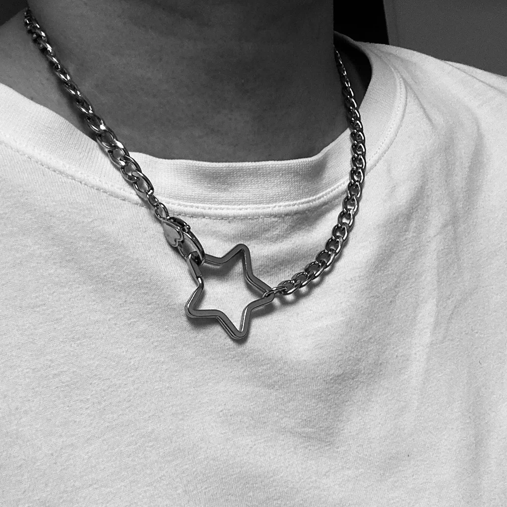 Gothic Stainless Steel Cuban Chain Star Charm Heart Buckle Choker Necklace for Women Men Punk Grunge Aesthetic Necklace Gifts