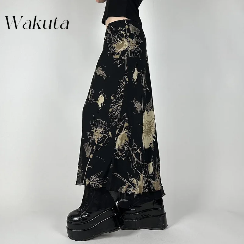 WAKUTA Mori Ancient Floral Print Niche Bustier Spicy Girl Temperament Low-waisted Package Hip Versatile Thin A-line Long Skirts