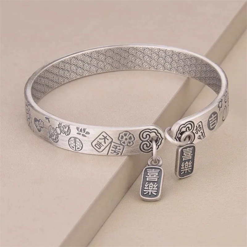 Blessing Auspicious Words Bangle Women Jewelry Ethnic Style Good Luck Peace and Joy Bangle Female Hand Accessories