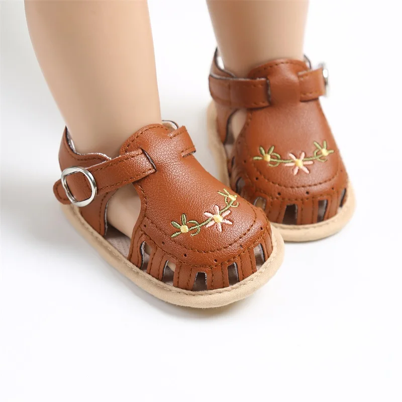 Baby Girl Sandals PU Leather Non-slip Embroidery Flower Summer Flats Toddler Shoes for Casual Daily