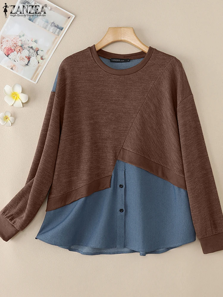 

ZANZEA Casual Women's Pullovers Streetwear Chic Fashion Knitted Patchwork 2025 Spring Hoodies O Neck Long Sleeve Sweatshirts
