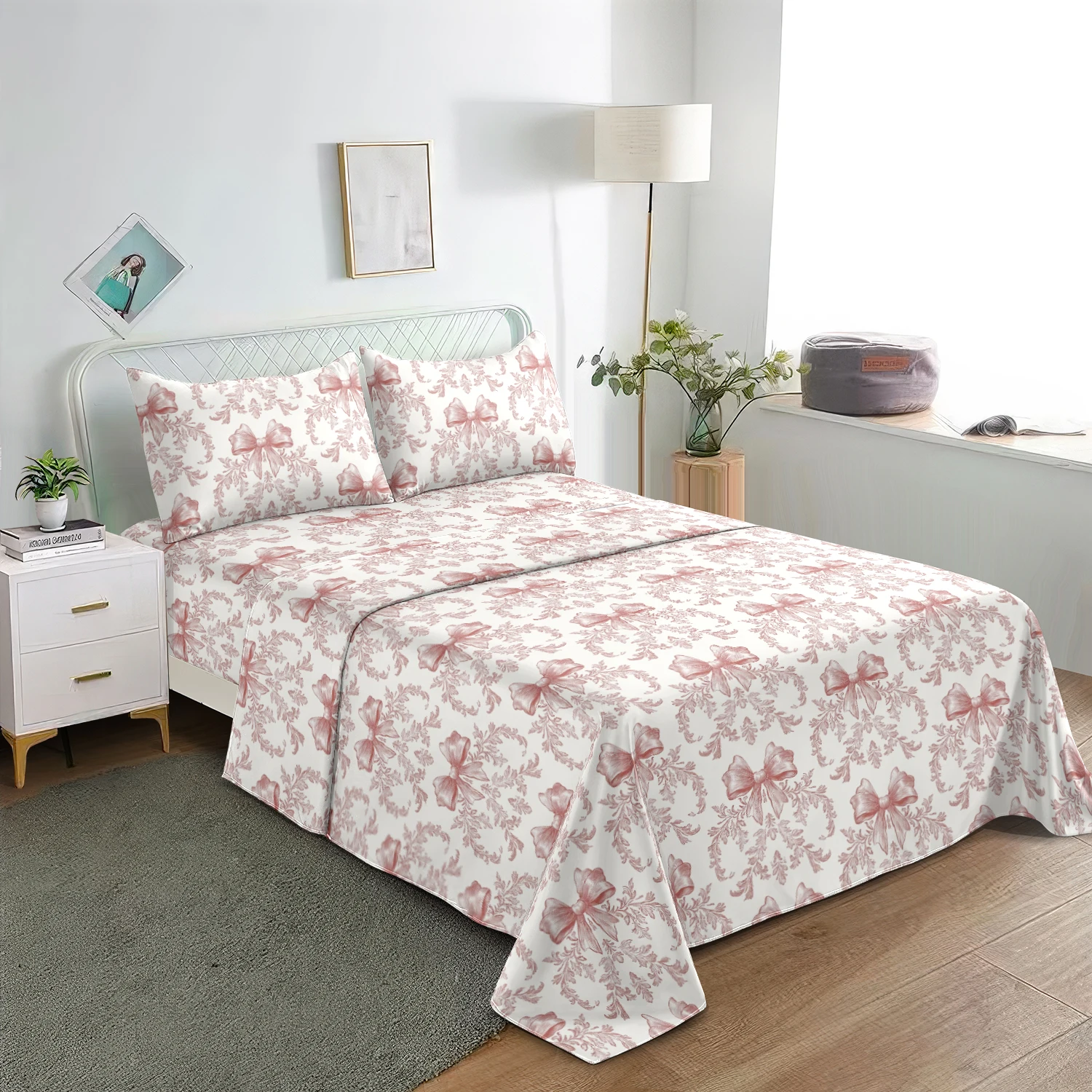 3Pcs Vintage Pink Bow Floral Flat Sheet Bedding Set, White Elegant Pink Bow and Leaf Pattern Flat Sheet Fitted Sheet