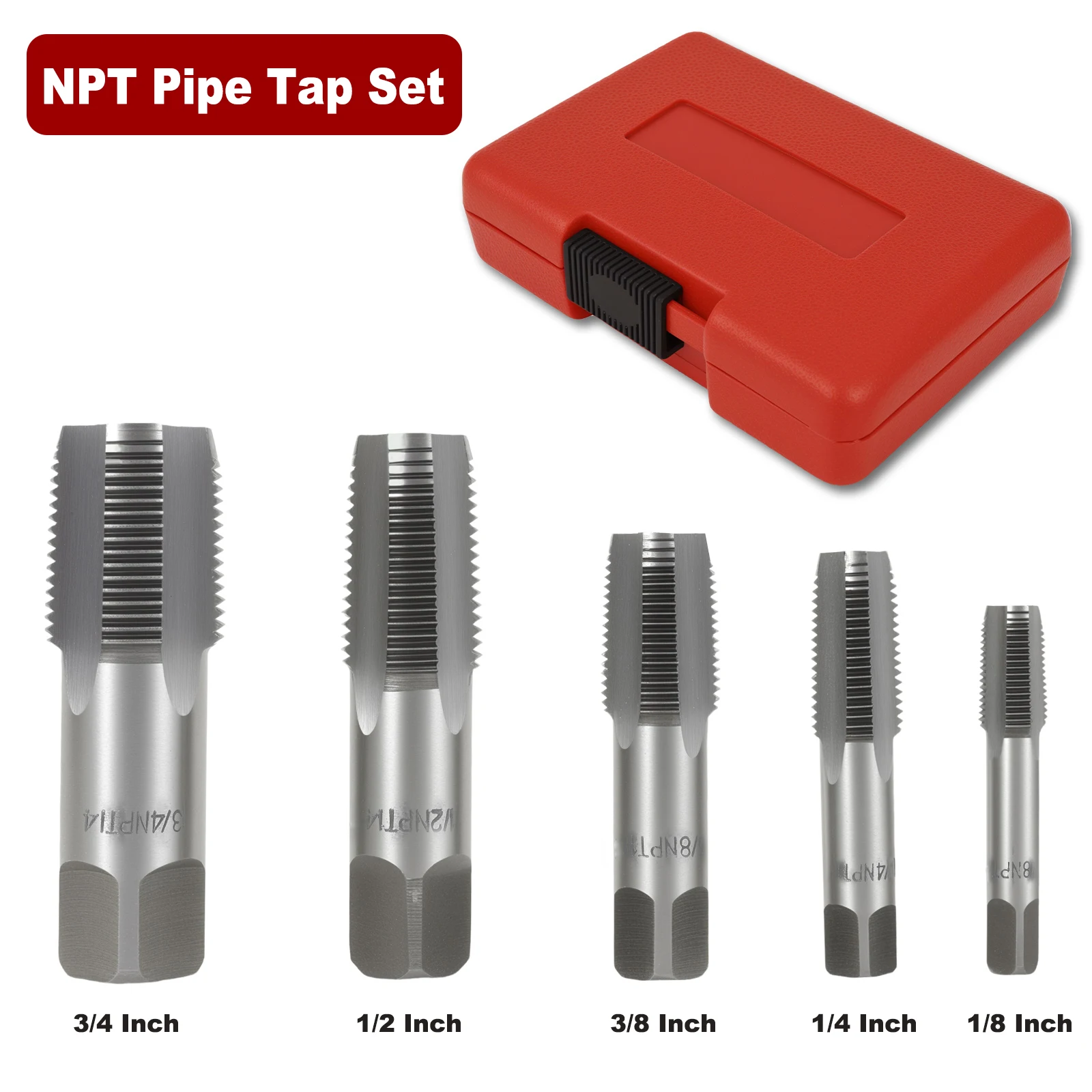 

5Pcs NPT Pipe Tap Set Carbon Steel Plumbing Threading Tap 1/8 1/4 3/8 1/2 3/4 Inch Hand Treading Cutting Tool with Storage Case