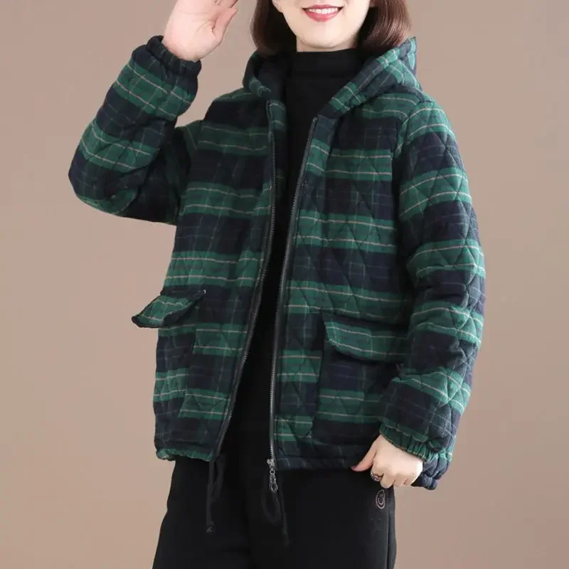 

Женские стеганые парки с капюшоном, новая осенне-зимняя клетчатая одежда в стиле ретро на молнии с карманами на хлопковой подкладке, повседневное свободное ветрозащитное пальто