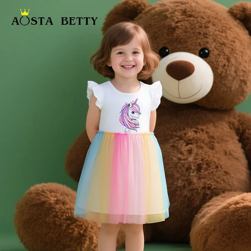 Summer New Arrival: Flutter Sleeve Girls' Dress with Unicorn Print and Mesh, Children's Princess Dress, Wholesale Available