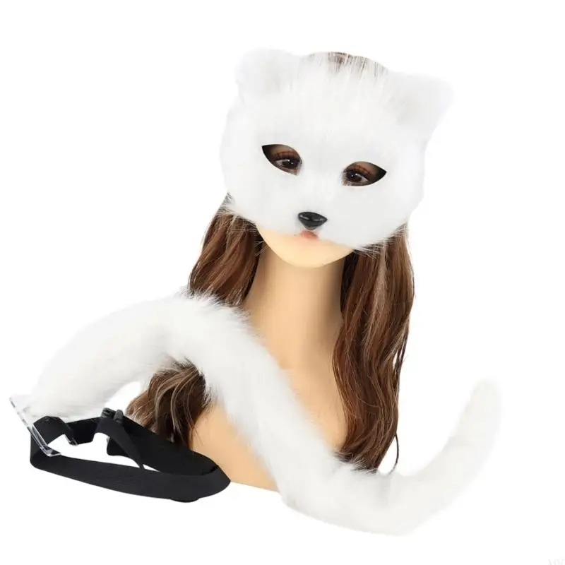 

X4YC Faux Furs Foxes Tail Cats Wolf Mask Therians Mask and Tail Set Foxes Mask Tail