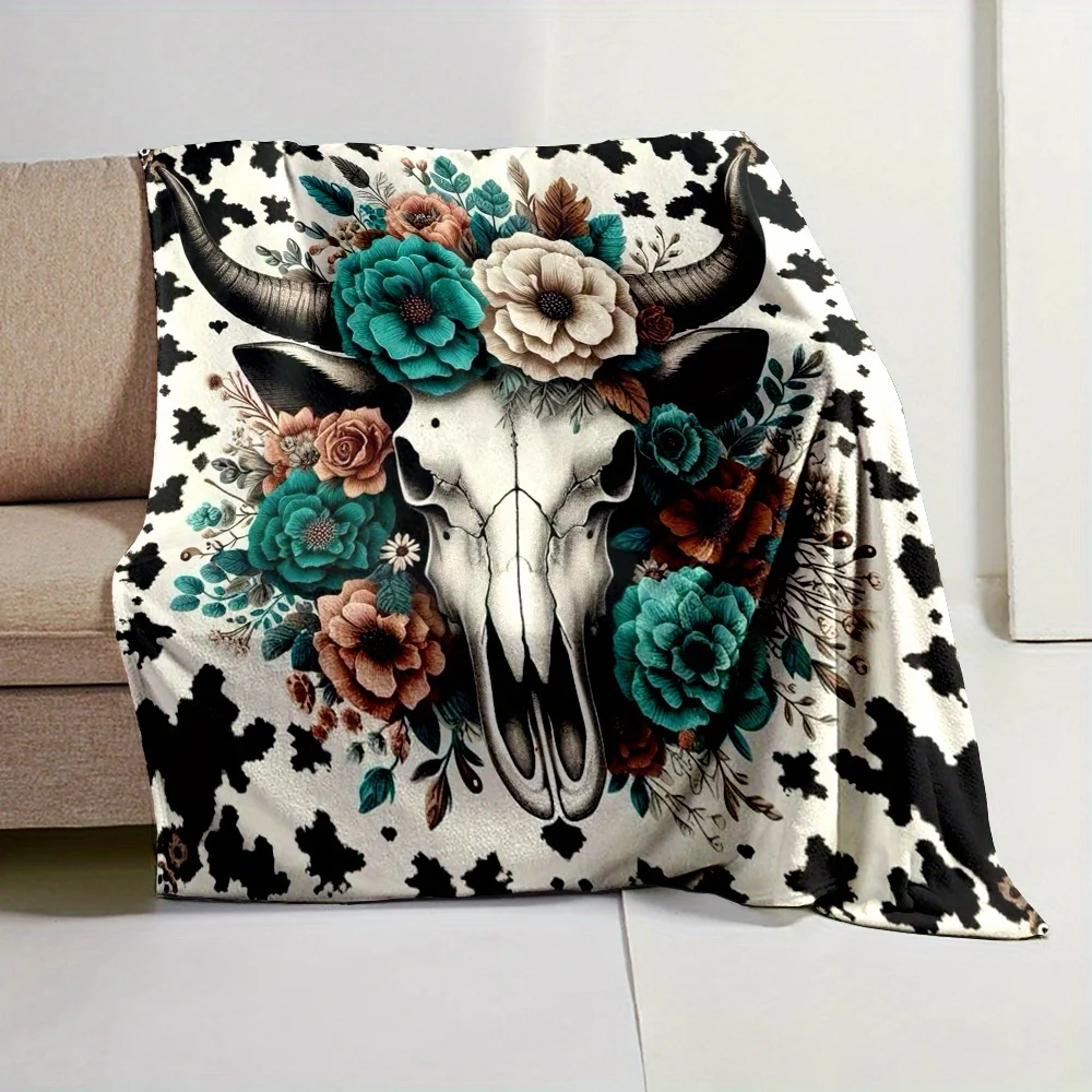 Country-Rustic Flannel Throw Blanket with Cartoon Bull Skull and Floral Design  Non-Woven Reversible, All-Season Cozy Cover