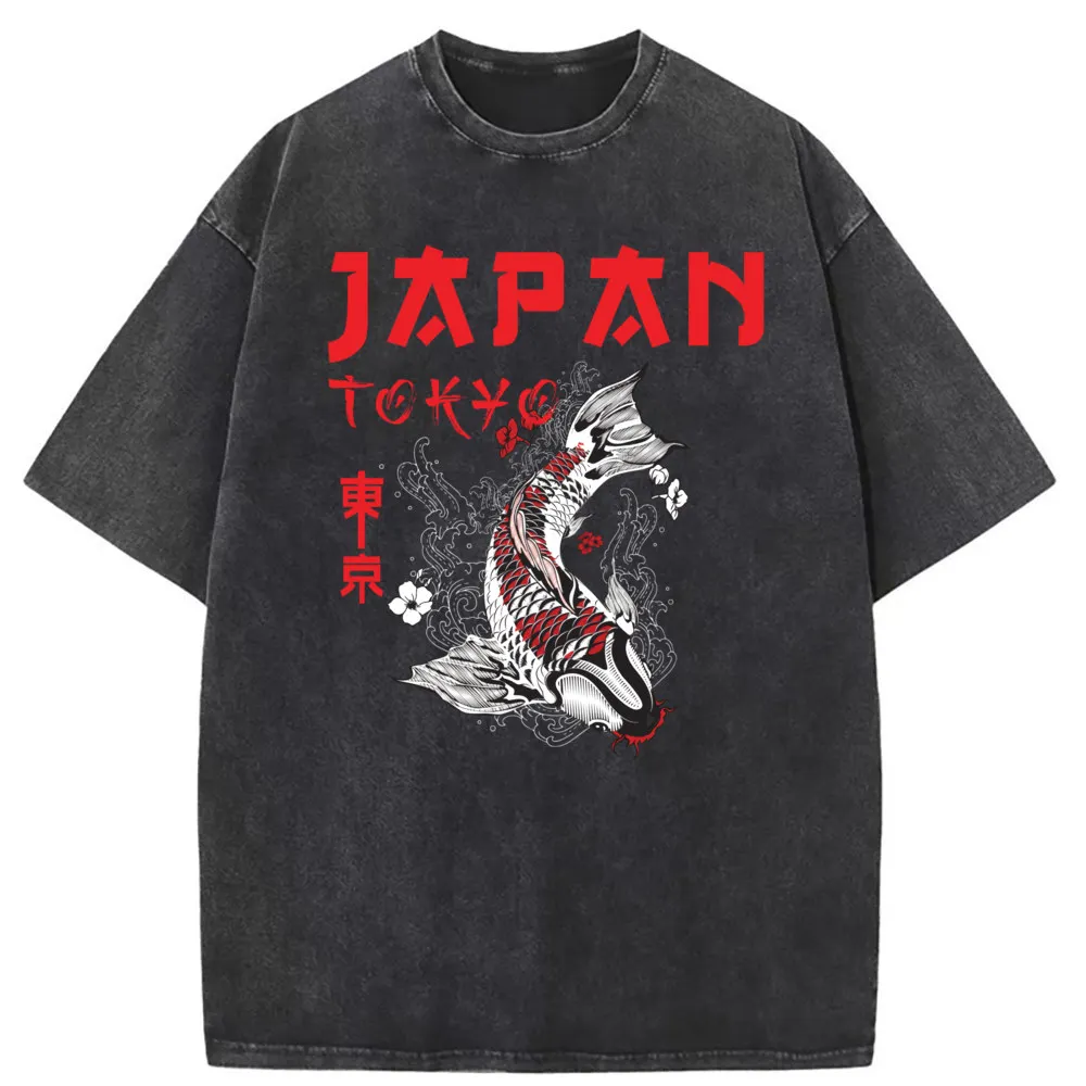 Tokyo Carp KOI Tshirt Men Long Sleeve Tshirt Washed Leisure Ostern Day Sweatshirts Summer Sportswears Rife