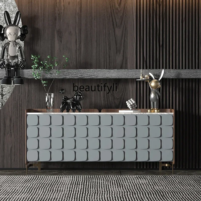 

Italian minimalist marble dining side cabinet storage modern light luxury home rock slab porch partition cabinet D9