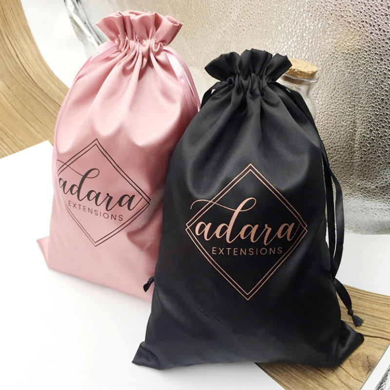 Satin Drawstring Bag Makeup Shoes Clothes Virgin Hair Extensions Wigs Packaging Bags Storage Christmas Wedding Candy Custom Logo