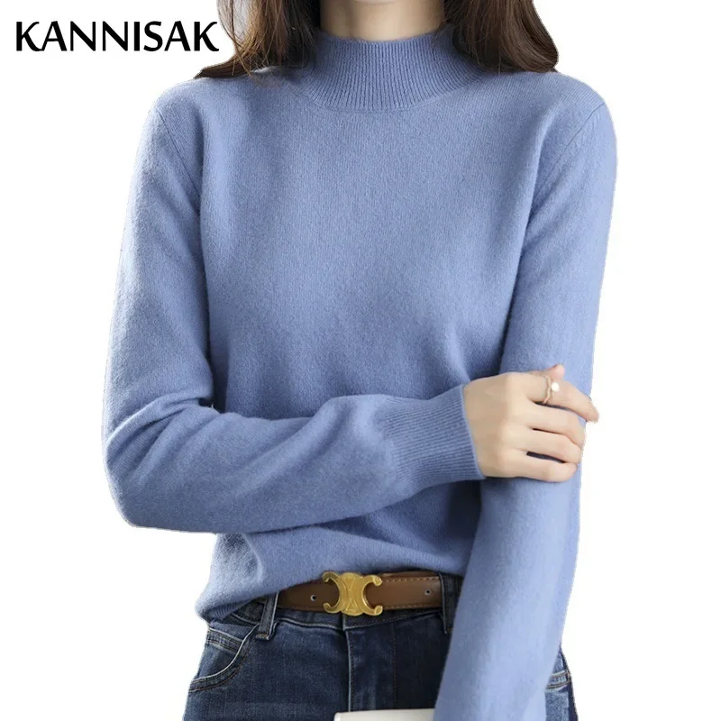 Casual Women Sweater Autumn Winter Warm Slim Fit Bottoming Shirt Mock Neck Green Camel Loose Korean Knitwear Pullover Jumpers