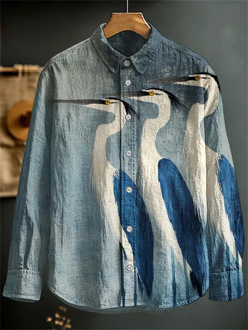 New Men's 3D Art Printed Shirt Casual Vintage Linen Style Long Sleeve Lapel Collar Top Fashion Beige Top