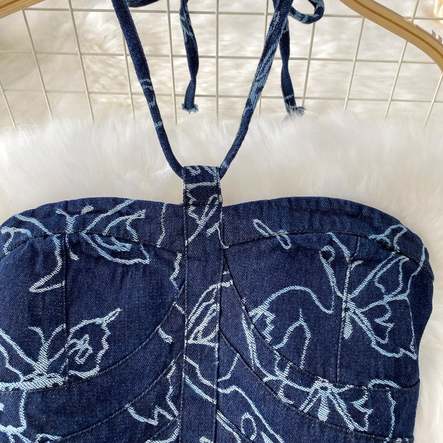 ผู้หญิงพิมพ์กางเกงยีนส์กางเกงสูทพิมพ์ผีเสื้อ Halter Neckr เสื้อ + กางเกงยีนส์เอวสูงผอมวันหยุดเสื้อผ้าชุด