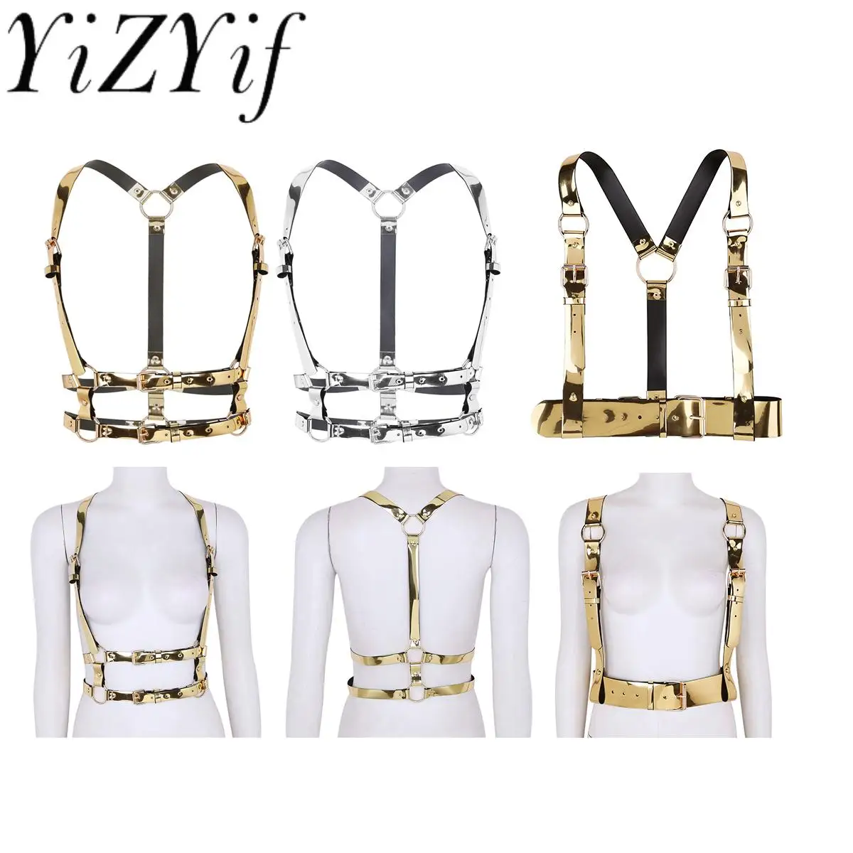 Unisex New Fashion Punk Rave Festival Faux Leather Sexy bondage harness Gold Belt Women Men Waist Belt Club Party Strap Top