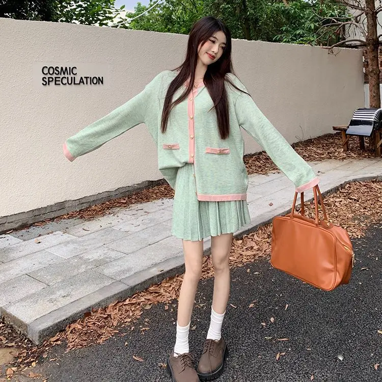 Green Elegant Two-piece Skirt Sets Women V-neck Long Sleeves Knitted Cardigan + Mini Pleated Skirt Autumn Y2K Korean Chic Suit