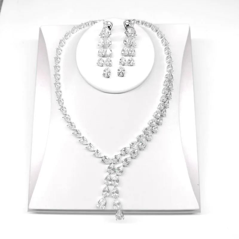Designer Collection Earrings Necklace Women Lady Inlay White Drop-shaped Cubic Zircon Double Chain Dinner Party Jewelry Sets