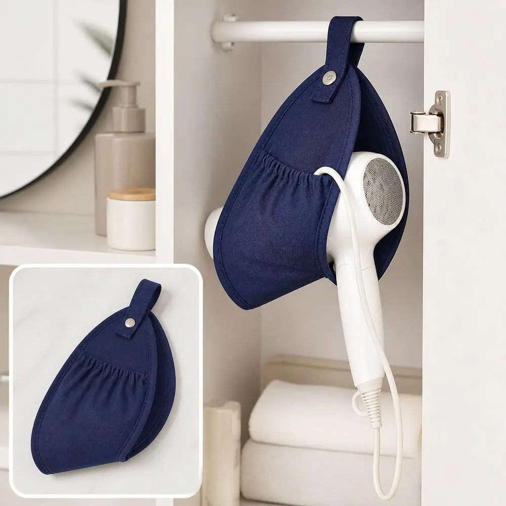 Fabric Hair Dryer Storage Bag Snap Button Closure Hanging Loop Hanging Hair Dryer Pouch Space Saving Side Access Opening