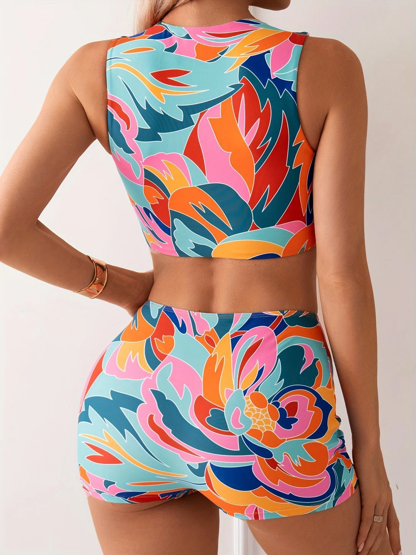 2026 High Waisted Boyleg Two Piece Bikini Set Women Zipper Rash Guard Swim Shirt Crew Neck Full Coverage Swimsuit Swimwear Beach
