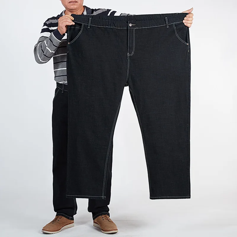 Pantaloni in Denim oversize neri da uomo 56 54 52 primavera autunno 180KG di spessore Plus Size Jeans estivi per padre alto in vita elastica dritta