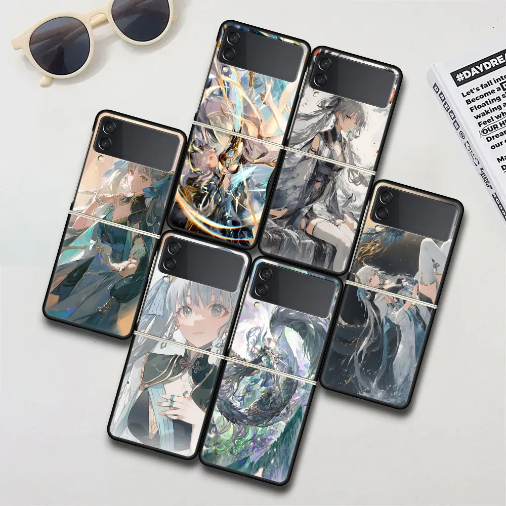 JINHSI Wuthering Waves Case for Samsung Galaxy Z Flip 4 3 5G Hard Black Cell Phone Cover Zflip4 Zflip3 PC Cases Flip4 Flip3