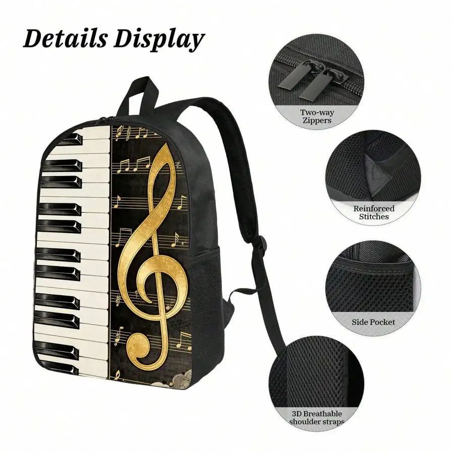 Musical Note Piano Key Pattern Backpack For Adults Lightweight Zipper Closure Adjustable Shoulder Straps
