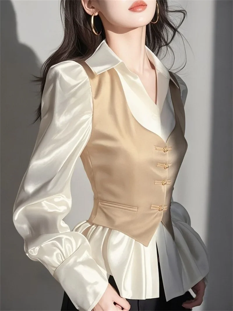 الكورية الضفدع أزرار قميص للنساء الكلاسيكية طويلة نفخة الأكمام كاذبة قطعتين الساتان قميص أنيق سليم المرقعة بلوزة