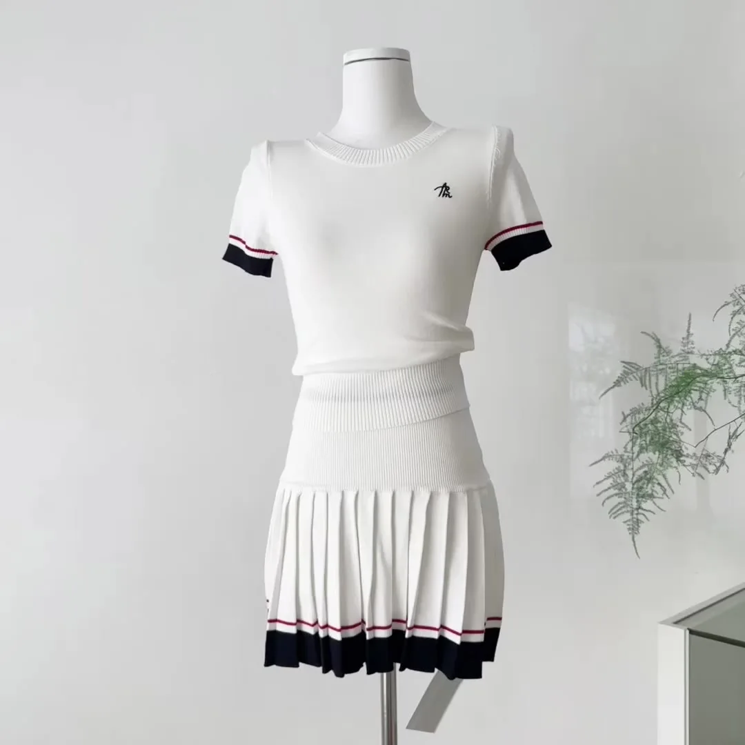 

Summer Women Korean Tide Knit Old Money Outfits 2 Piece Set Contrast Color O-Neck Short Sleeve Crop Top + Mini Pleated Skirt