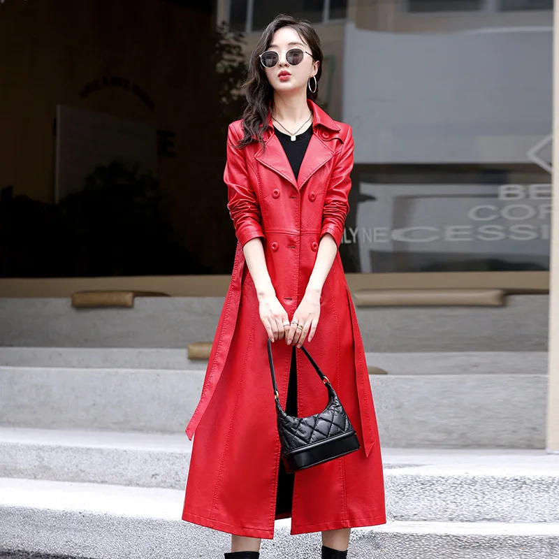 Chaqueta de cuero PU para mujer, abrigo nuevo a la moda para primavera y otoño, Chaqueta larga con doble botonadura, abrigo de cuero de oveja, prendas de vestir exteriores de gamuza