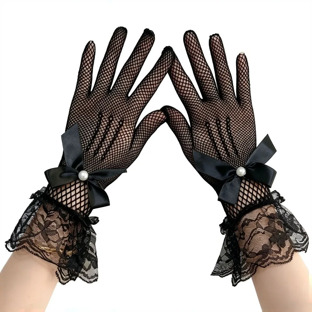 Breathable Lace Women Driving Gloves Five-finger Bow Fishnet Mittens Tie Pearls Wedding Gloves Bride
