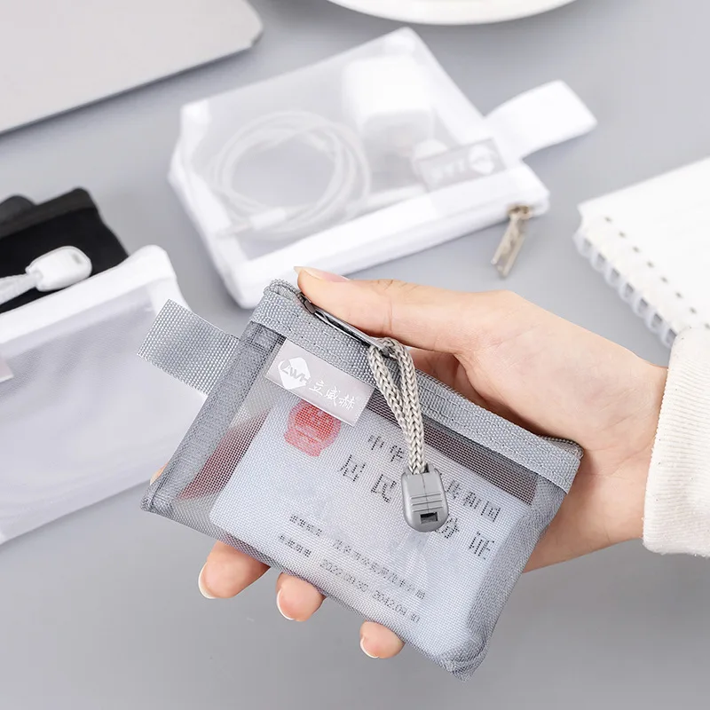 Transparent Nylon Mesh Coin ID Credit Cards Bag Keys Earphone Charge Cable Storage Bag Organizer Mini Stationery Bags Wallet