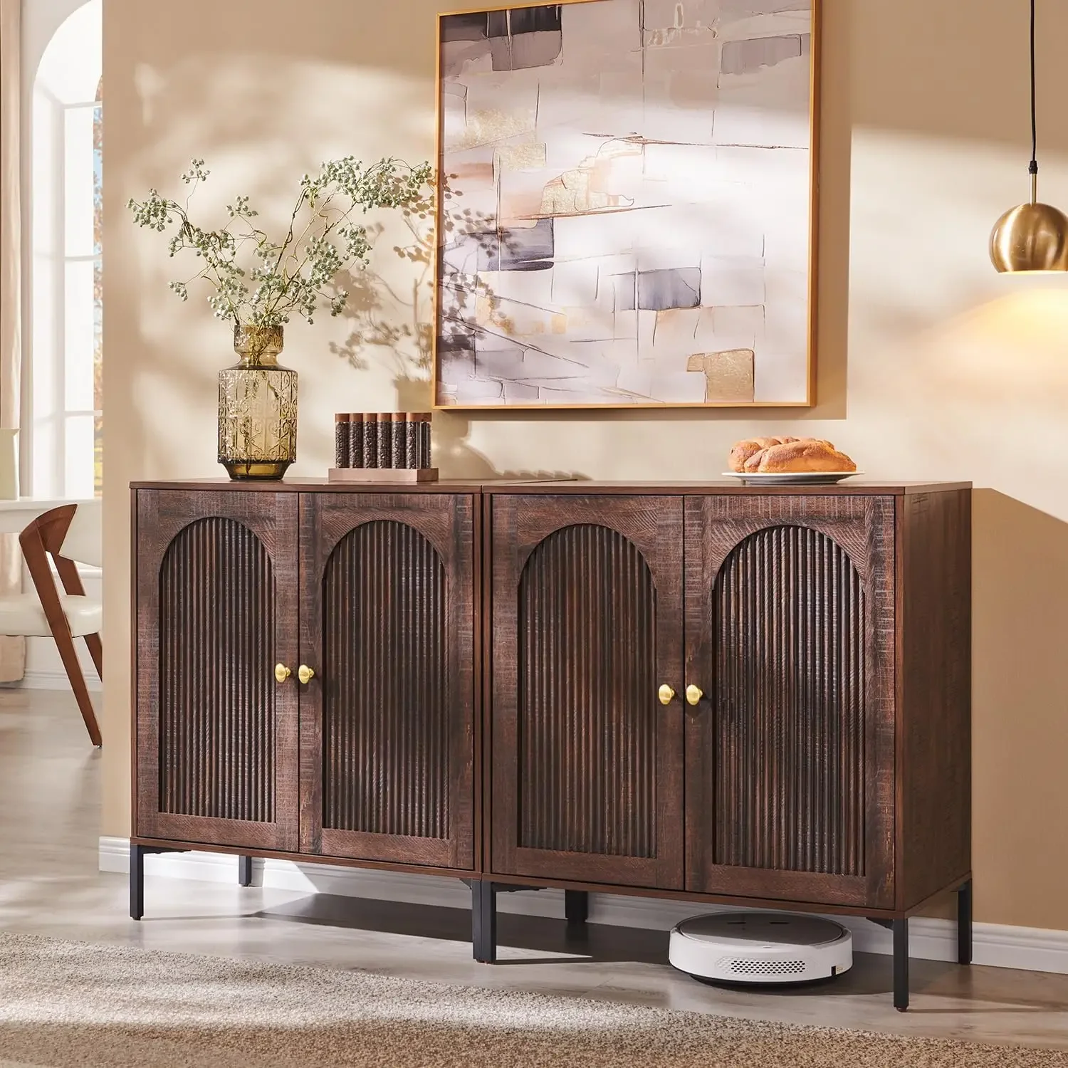 Modern Buffet Cabinet with Storage, 61.75' W Fluted Arched Sideboard Cabinet w/Adjustable Shelves