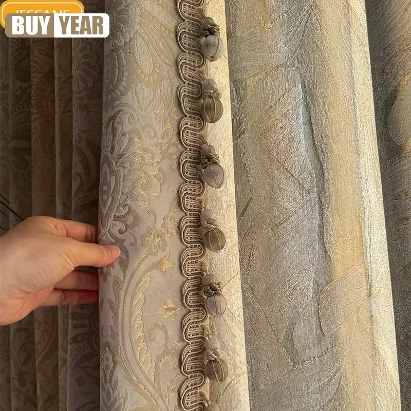Damascus Gold Wire Jacquard Embossed Thickened Curtains for Bedroom Living Room Villa French Window Customized Finished Products