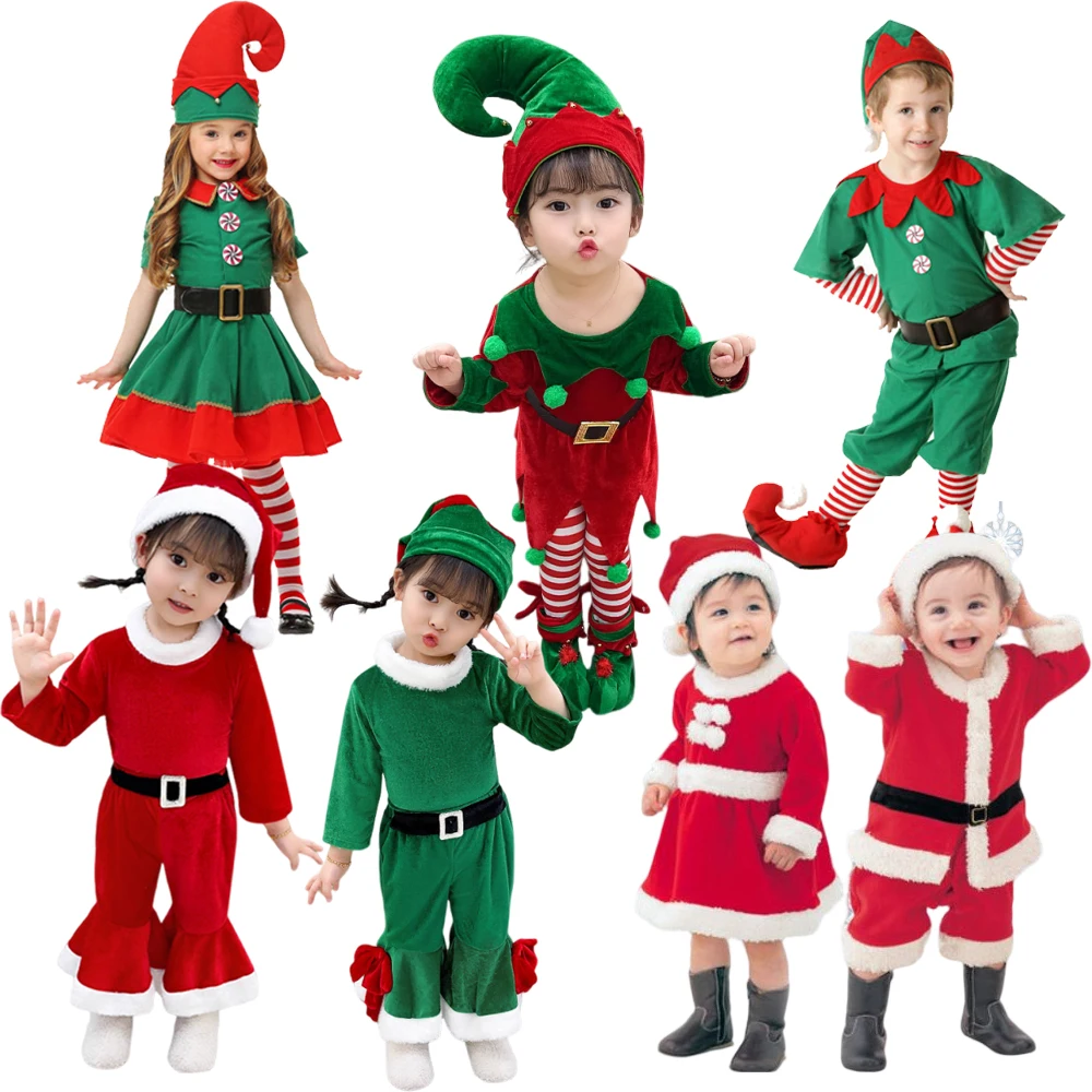 2026 السنة الجديدة طفل سانتا كلوز زي الأخضر قزم تأثيري عيد الميلاد كرنفال زي حفلة تنكرية للفتيات الفتيان الأحمر عيد الميلاد الملابس مجموعة
