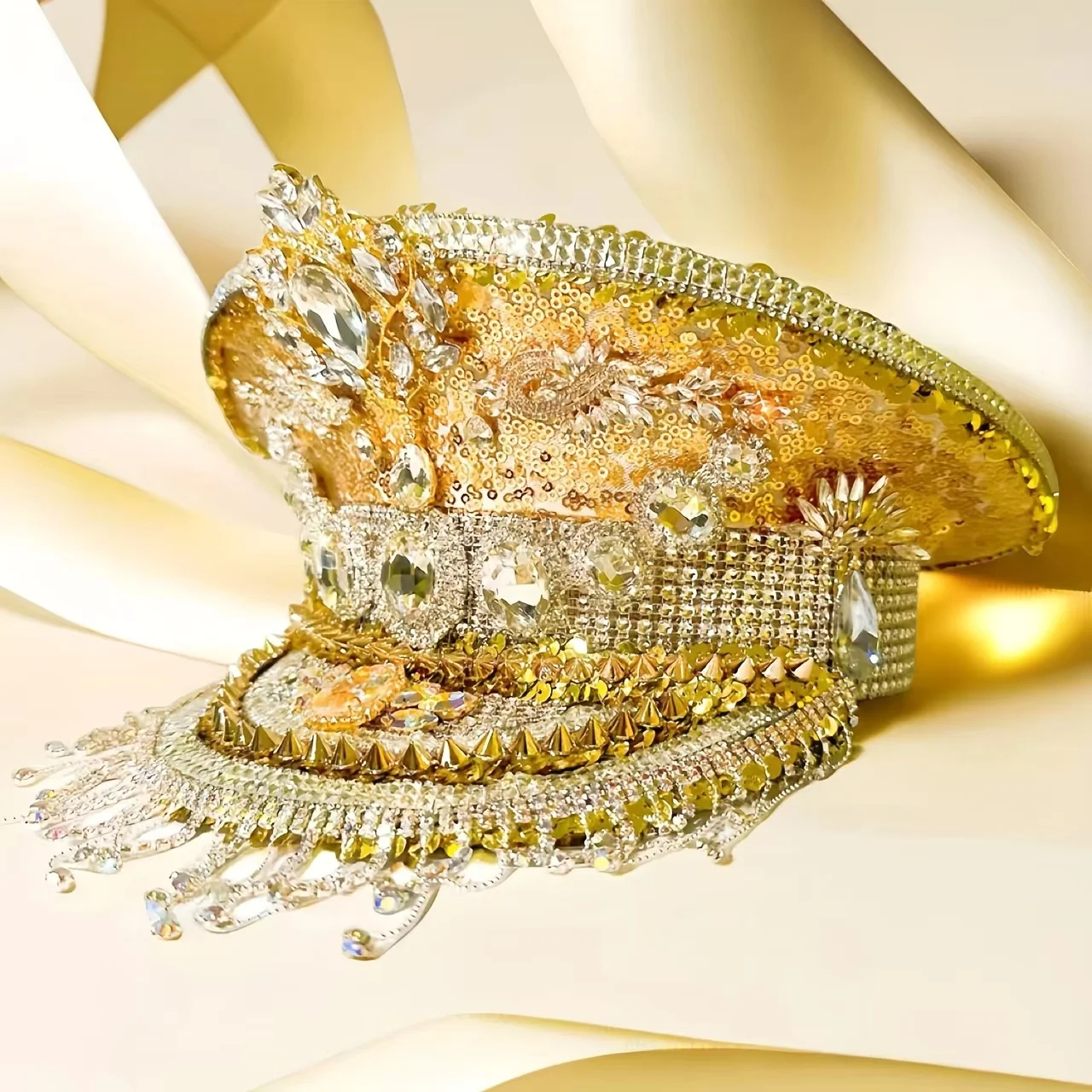 HongLuan Chapéu de capitão com laço de couro amarelo laser strass e bonés militares para mulheres, acessórios para festivais rave e boné de festa masculino