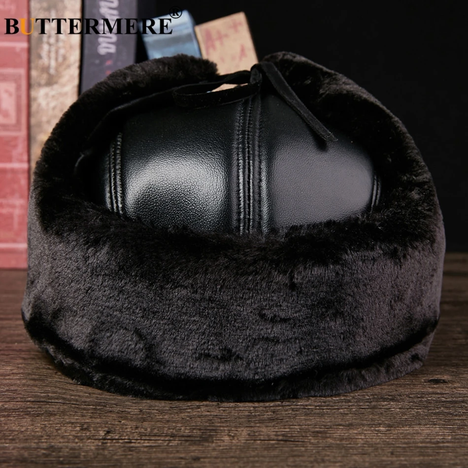 Boutere bombardeiro chapéu de couro preto masculino ushanka chapéus com earflap mais grosso chapéus russos inverno quente couro genuíno masculino bonés de pele