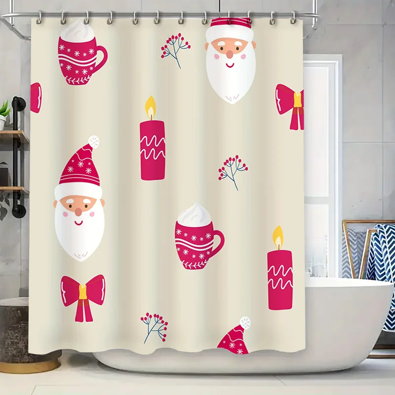 

GAECozy Christmas Bath Shower Curtain with Santa Clauses Hats and CandlesFestive Decor for Your Bathroom Red and White Colorfu