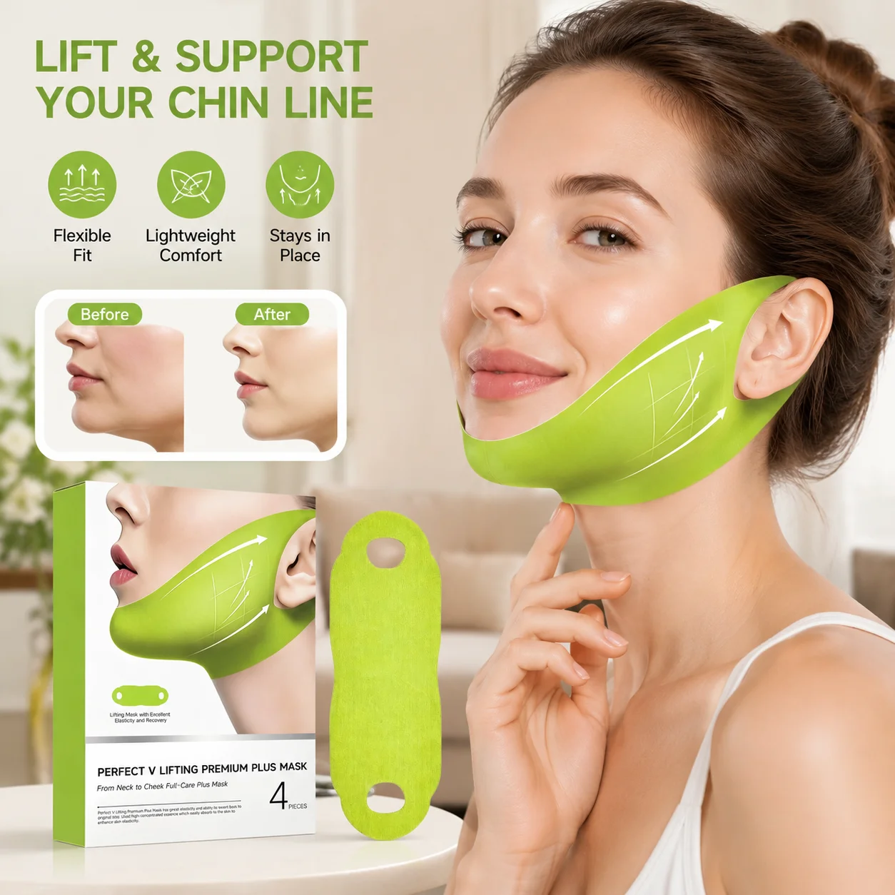 V Line Face Contour Mask Jawline Care Sheet Mask Ear Hook Facial Mask Neck Cheek Skincare Mask Centella Asiatica Extract 4 Pcs