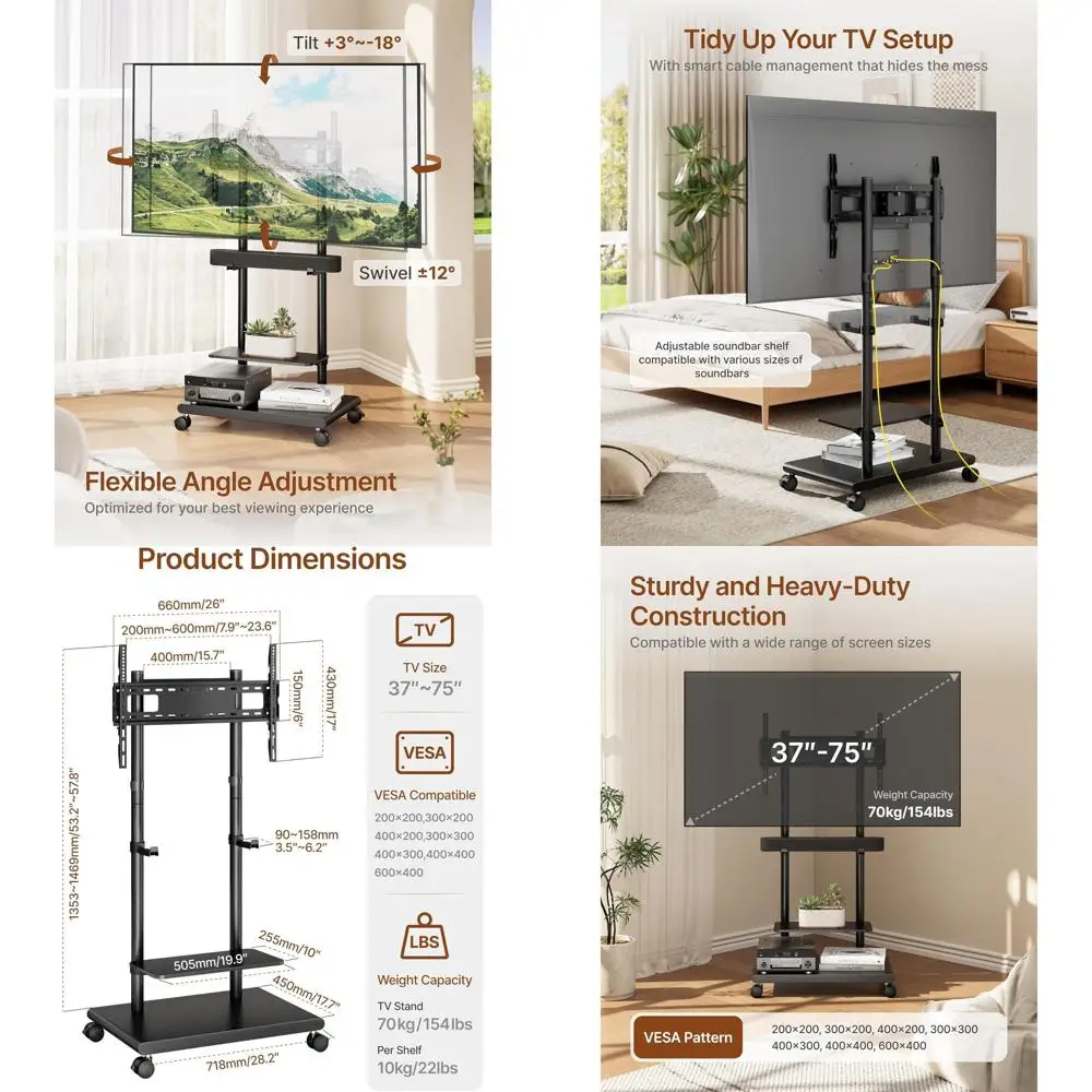 

Регулируемая поворотная подставка для телевизоров 37-75 дюймов, усиленная тележка с местом для хранения, максимальное VESA 600x400 мм, черная