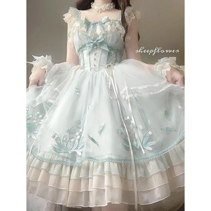 Vestido com alça bordada Lolita doce para mulheres, vestido elegante e lindo, presente adulto, Lolita Sports Games