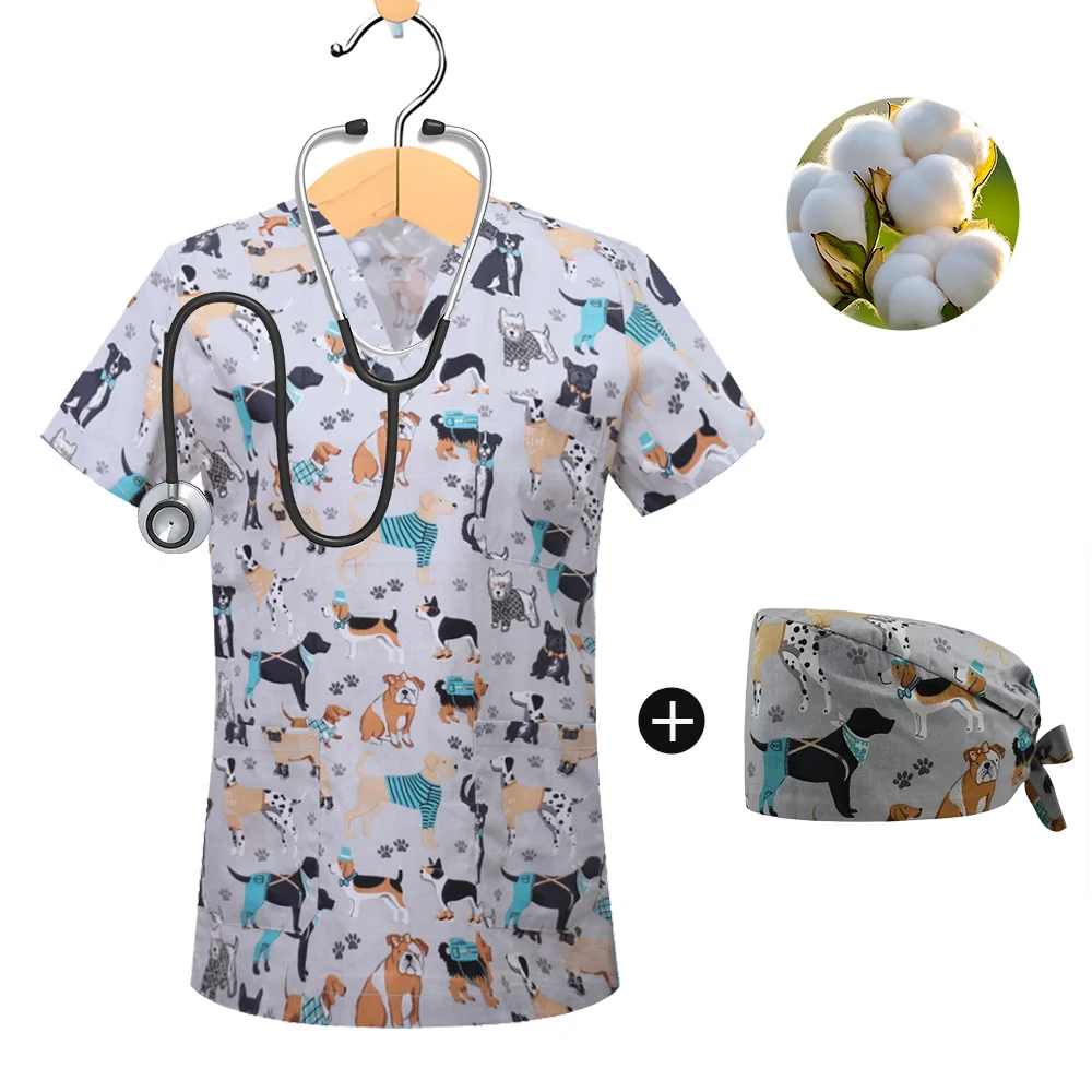 

Dog Short Women Working Uniform Print Pet Groom Supplies Short Sleeve V-Neck Tops Femme Blouse Nurse Work Wear Medical Uniforms