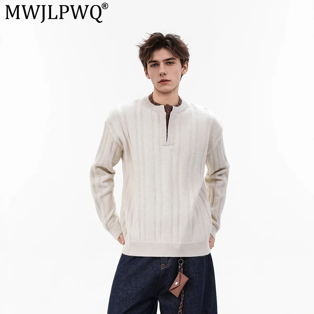 MWJLPWQ Fake Two-Piece Cleanfit Sweater Men Trendy Spring Autumn Loose Casual Half-Open Collar Round Neck Long Sleeve Tops 20904