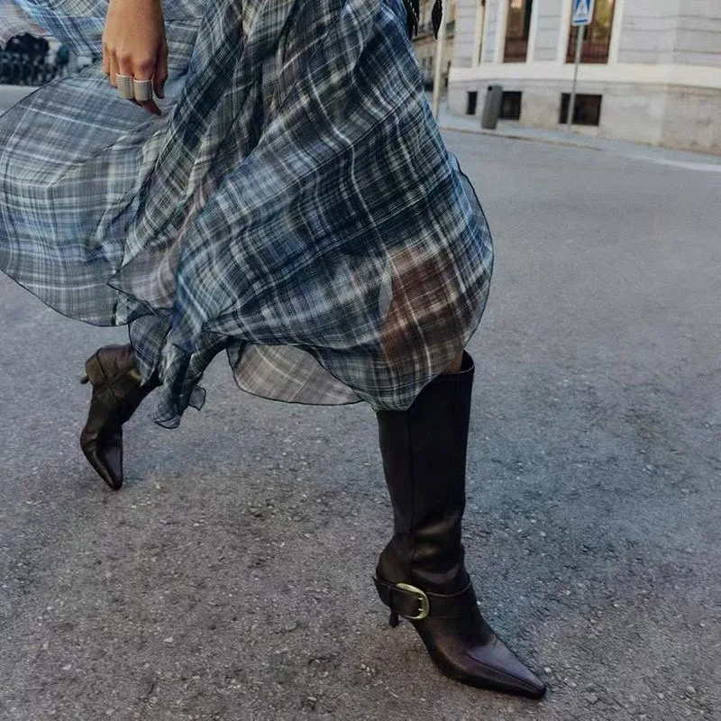 Pointed Toe High Heels Women's Boots Leather Buckle Knee-High Boots Women Designer Style Slip on Winter Sexy Thin Heel Booties 3 image 5