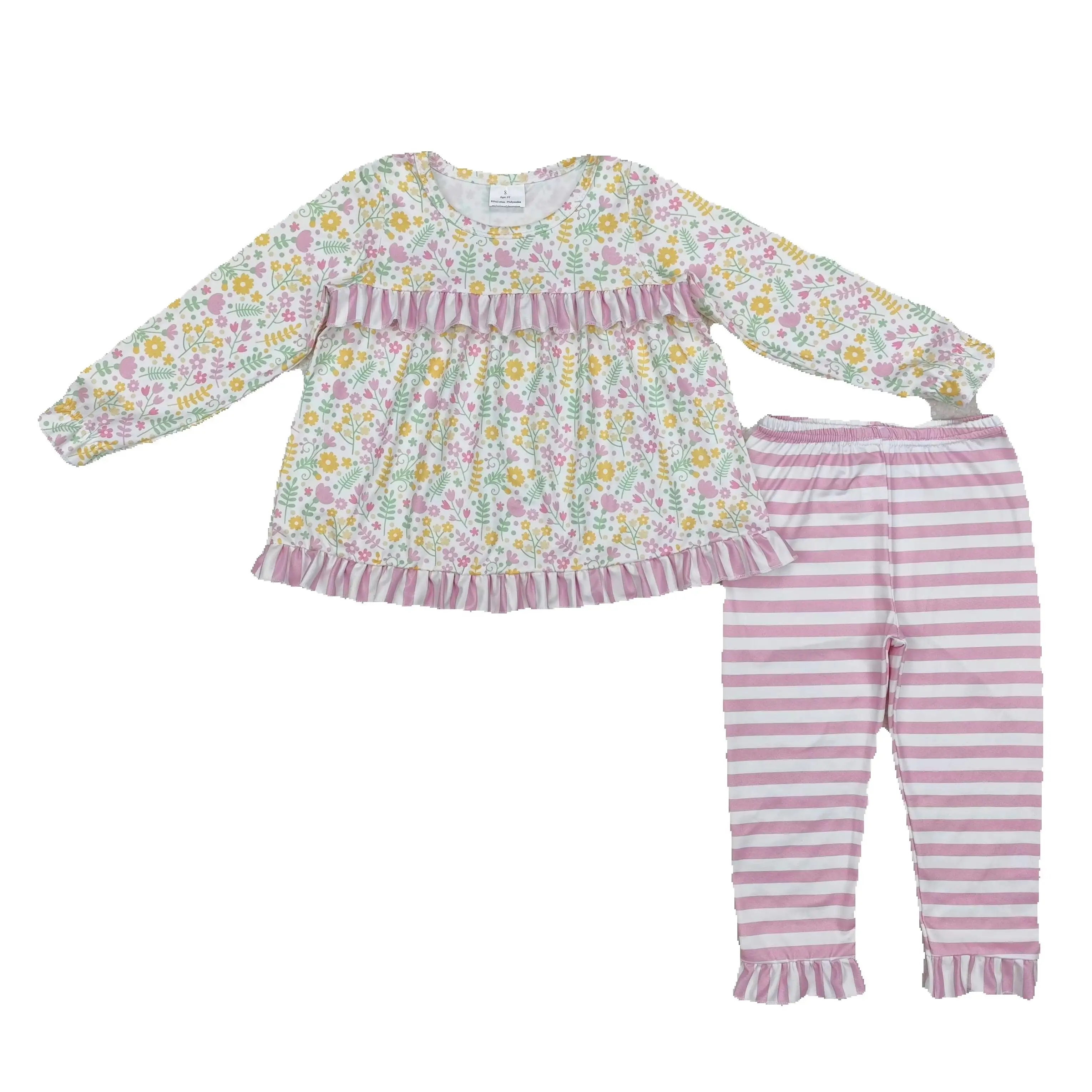 

GLP2119 Kids Girls Autumn Outfit Sets Long Sleeves Flower and leaf lace Print With Trousers Children Clothes Rts No Moq