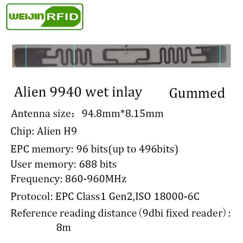 UHF RFID tag sticker Alien 9940 wet inlay 915mhz 900 868mhz 860-960MHZ Higgs9 EPCC1G2 6C smart adhesive passive RFID tags label