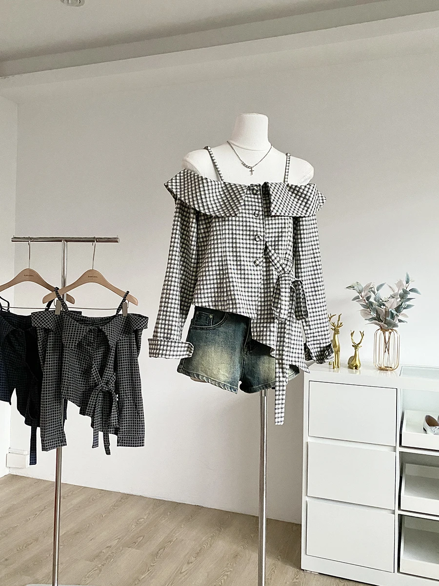 

Модная женская блузка в корейском стиле с открытыми плечами, в клетку, с бантом, для повседневной носки, из полиэстера, с длинным рукавом, укороченная