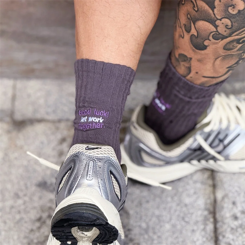 Unisex Letter Embroidery Slouch Crew Socks Cityboy Vertical Rib Mid Calf Socks Good Luck Slogan Cotton Socks Streetwear Sneaker